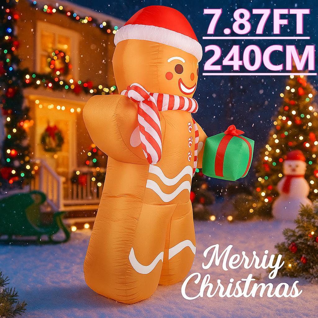 7.9FT LED Light Inflatable Yard Decor Gingerbread Man Candy Cane Gift Box Xmas Toy Supplie Home Ornament Christma Holiday Gift