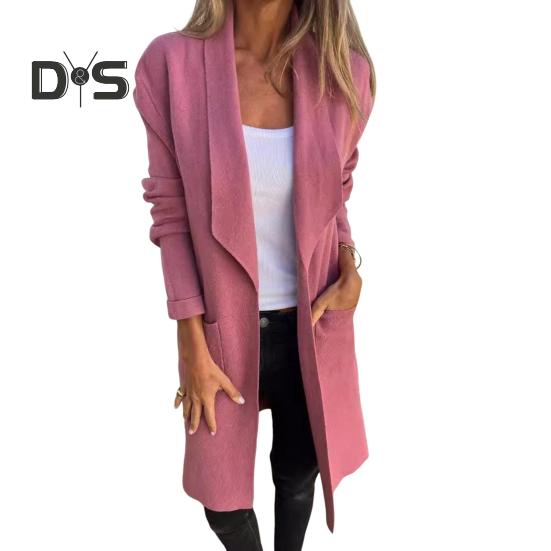 Damenjacke mit Umlegekragen, Taschen, einfarbig, offener Stich, locker, Thermo, langärmelig, Pendeln, Dating, Frühling, Herbst, Wintermantel