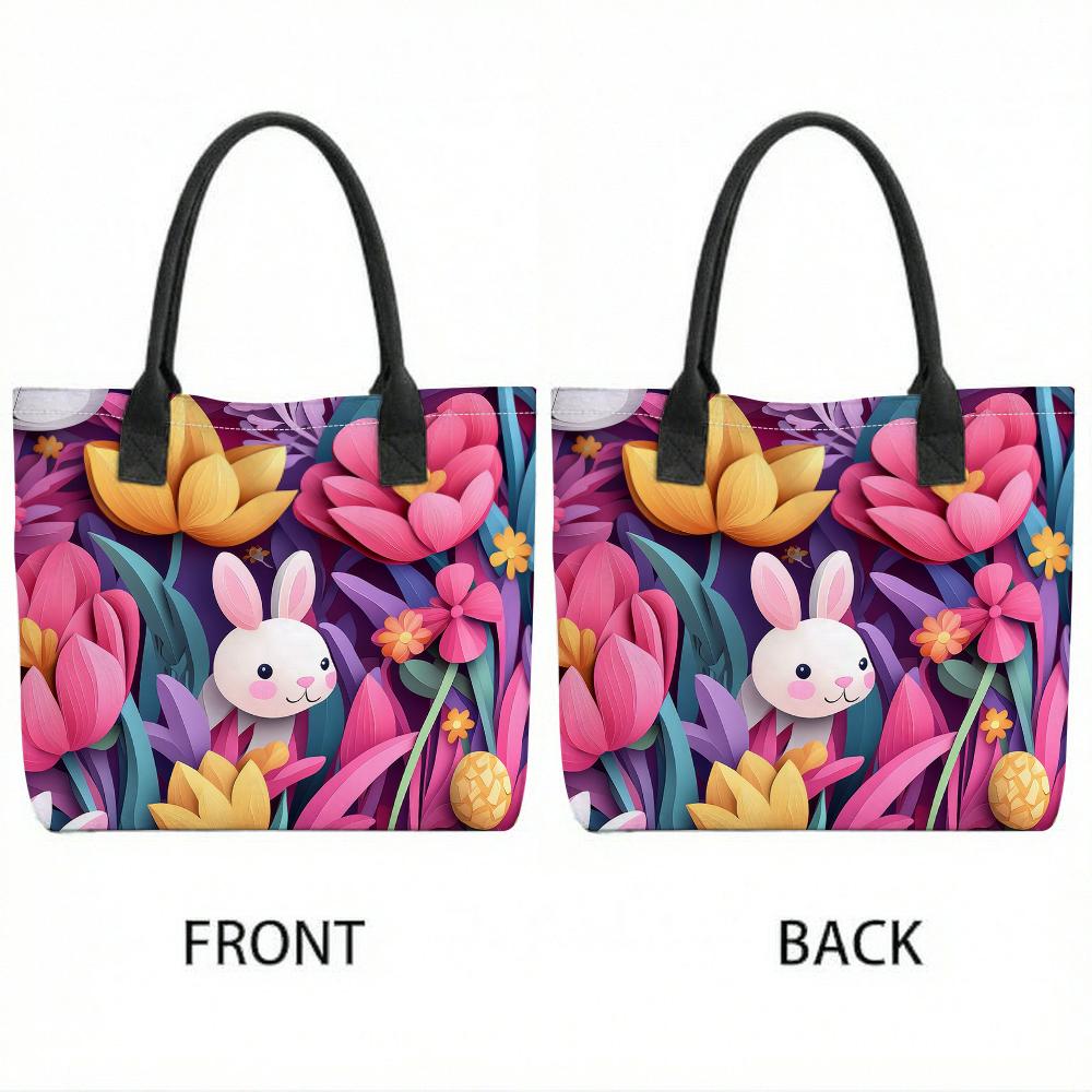 Cute Bunny Floral Pattern Tote Bag Fashion Lightweight Casual Shopping Shoulder Bag Daily Use Handbag for Women