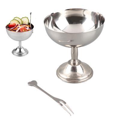 304 Stainless Steel Ice Cream Cup Goblet Retro Footed Serving Dessert Bowl with Fork for Salad and Pudding