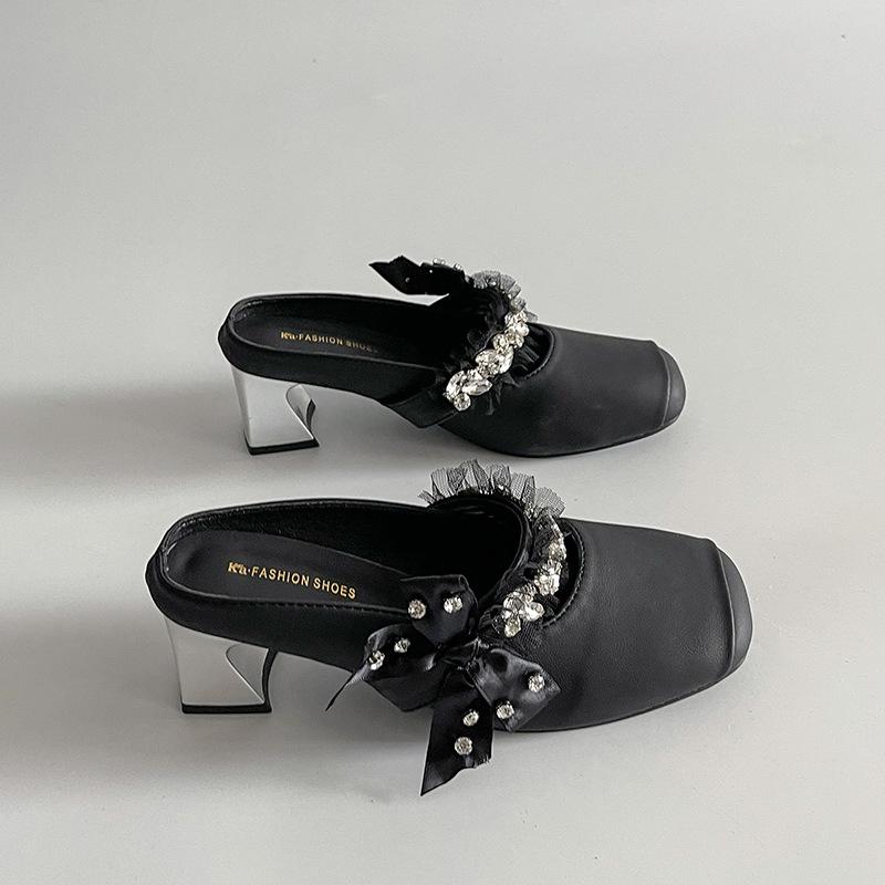 

Niche light luxury 2025 spring and summer handmade women s shoes retro high-heeled cool slippers outer wear bow bag head half slippers 35