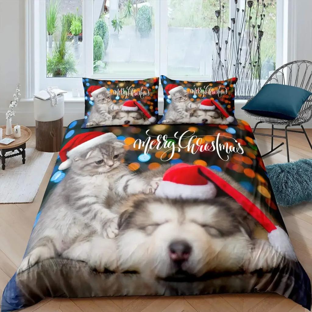 Cute Cat Dog Duvet Cover Set Pug Bedding Set Kawaii Puppy Animal Comforter Cover Valentine's Day Love Heart Wedding Quilt Covers