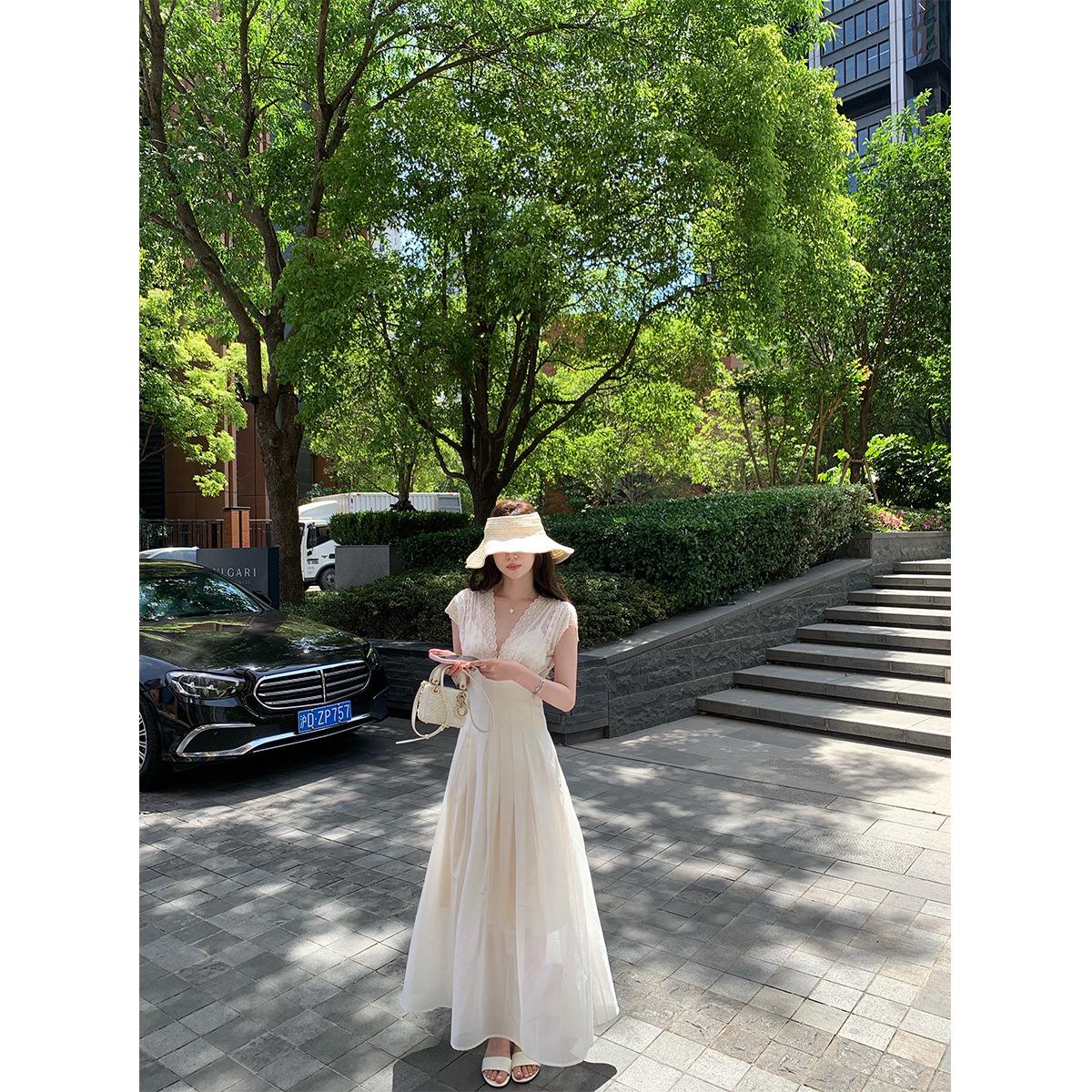 Chen Jianan NNS pure white beauty skirt 60 Lyocell, heavy industry lace splicing waist dress S