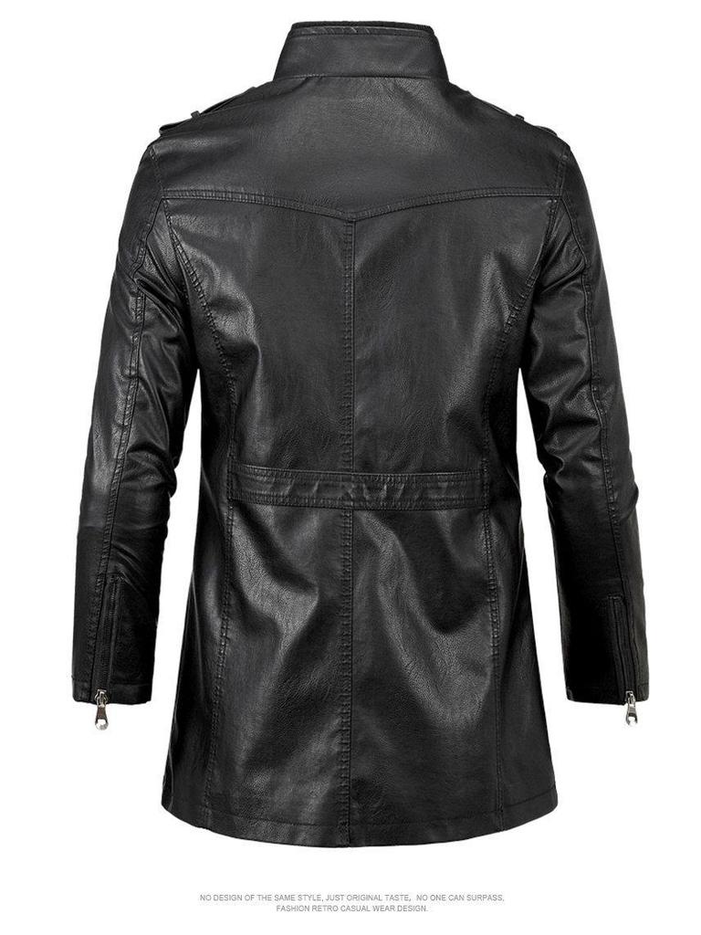 Męska Modna Skórzana Kurtka Wiatroszczelna Długiego Fasonu ze Stójką