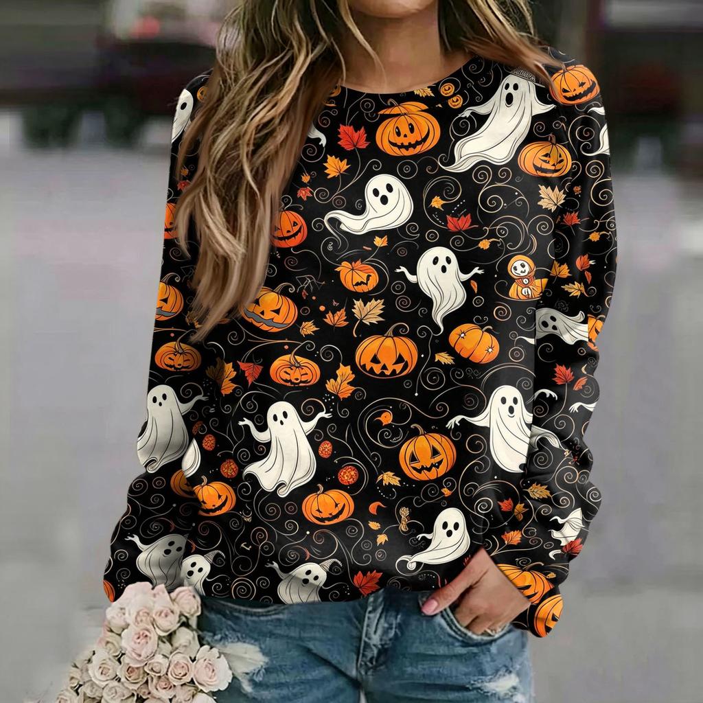 Women's Casual Neck Long Sleeve Raglan Halloween Print Sweatshirt