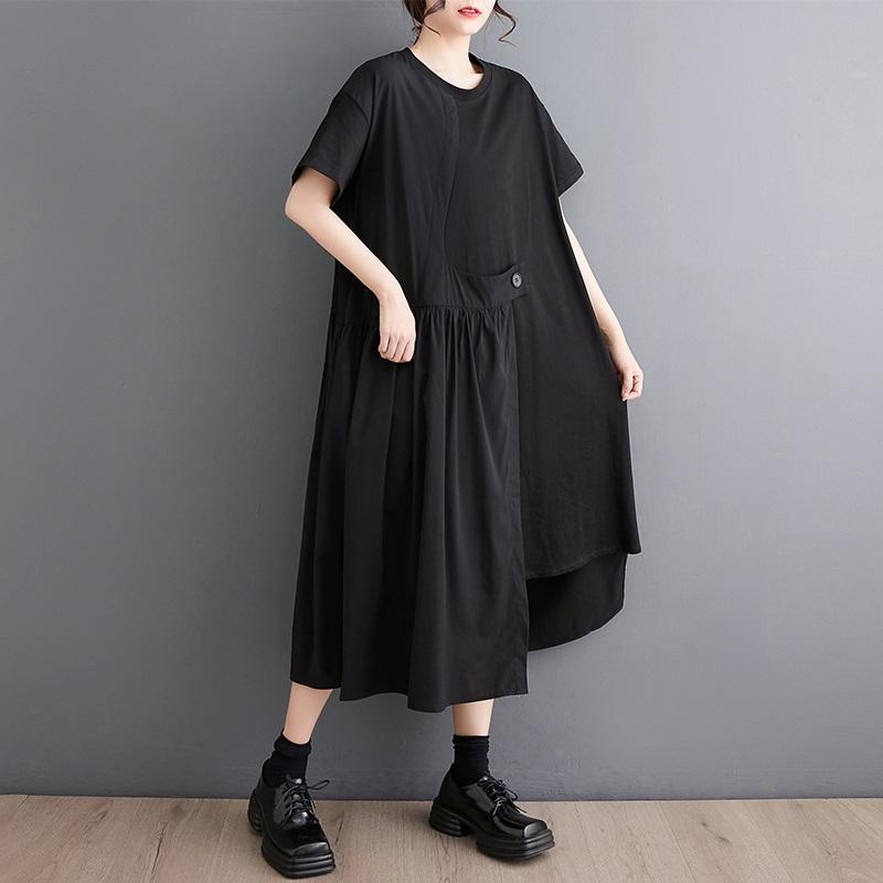 short sleeve Plus size Black cotton vintage new in dresses for women casual loose long summer dress