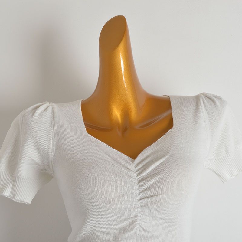 French Style New Arrival Pure Color Pullover V-neck Ruched Puff Sleeves Knitwear Women's Clothing Summer Silm Slimming Short Top