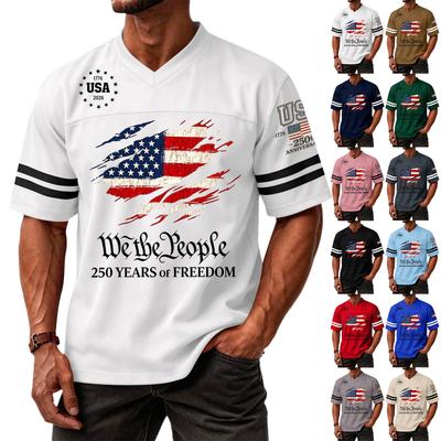 Herrsport-T-shirt med V-ringning och korta ärmar med tryck för 250-årsjubileum, avslappnad tröja i jersey-stil för Självständighetsdagen