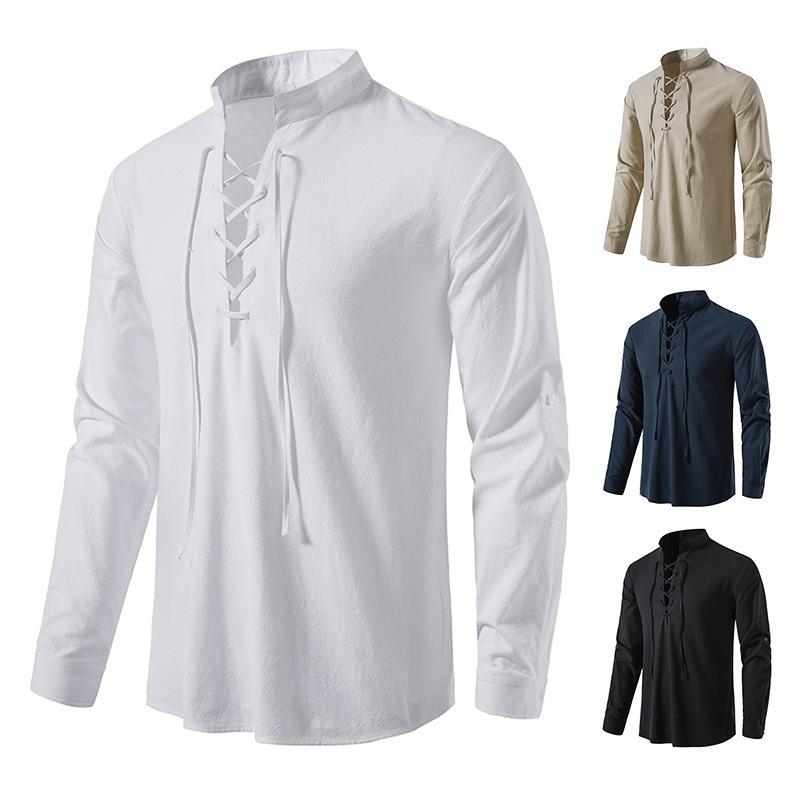 Men's New Men's Cotton and Linen Henley Shirt Long Sleeve Hippie Casual Beach Stand-Up Collar Shirt