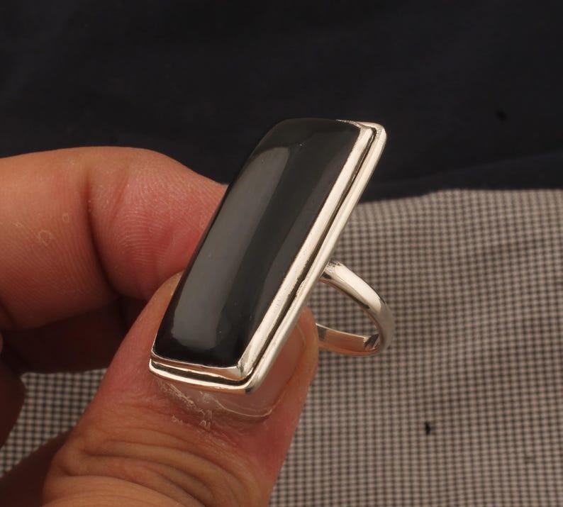 Solid 925 Sterling Silver Black Onyx Rectangle Gemstone Ring Large Ring Unisex Gift Designer Ring
