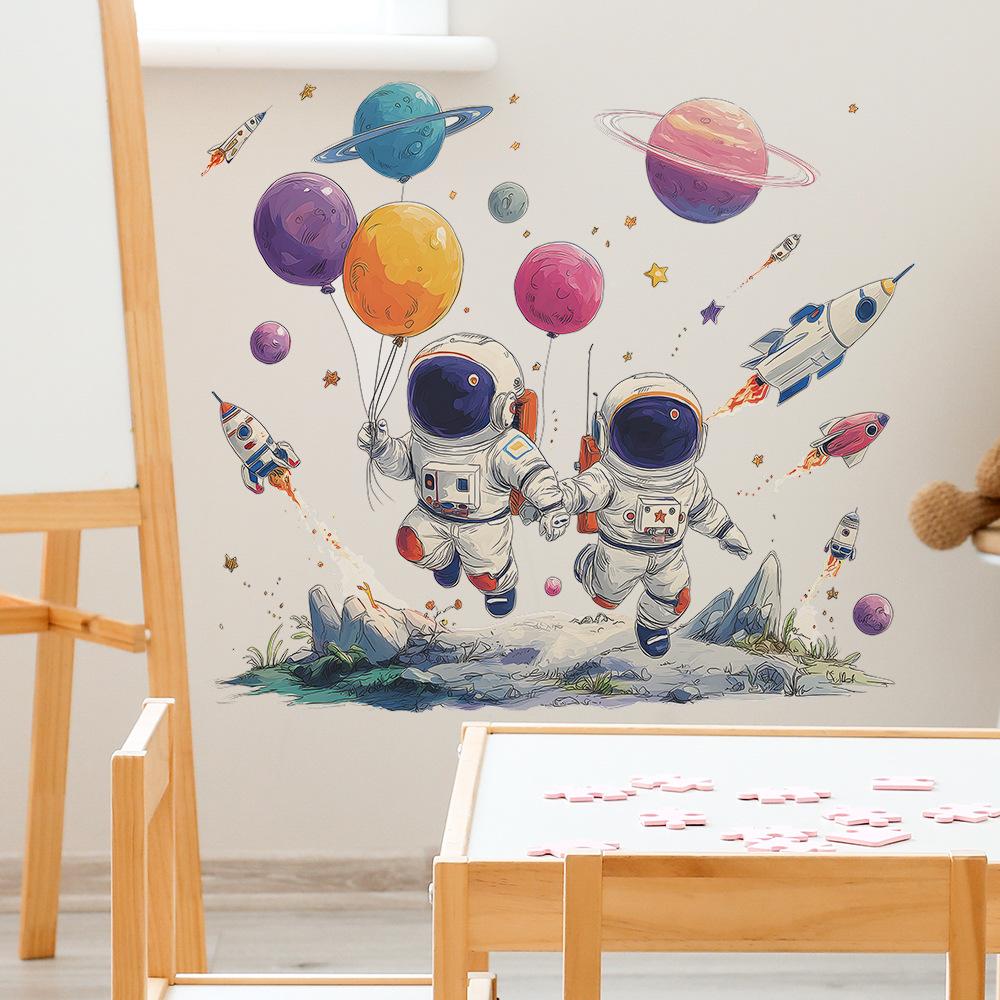 Cartoon Astronaut Rocket Planet Self Adhesive Removable Wall Sticker for Kids Room Bedroom Decor