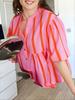 Womens Summer Striped Puff Sleeve Babydoll Blouse V Neck Loose Fit Top