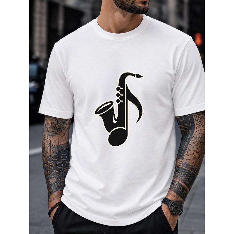European Sizes Men's Cotton Short Sleeve Crew Neck T-Shirt, Minimalist Black & White Saxophone Musical Note Graphic Print