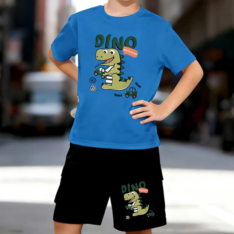 Boys 2 Piece Cartoon Dinosaur Print Outfit, Short Sleeve T-Shirt and Shorts Set for Kids Age 5-14,Black and White Sporty Casual Summer Clothes