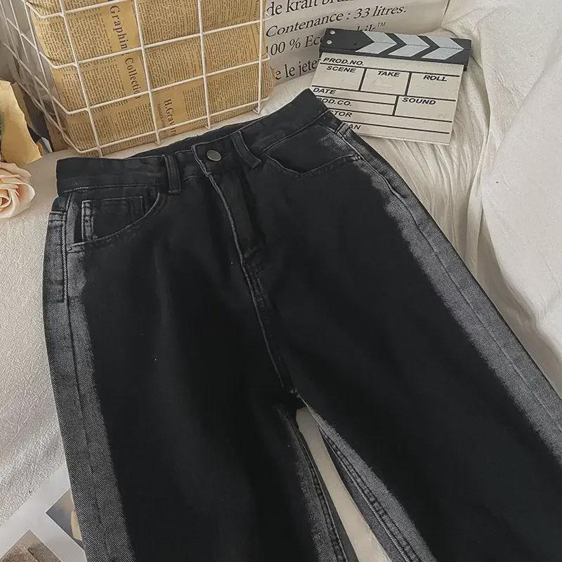 Women's Contrast Wide-Leg High-Waist Warm Jeans - Autumn/Winter Style with Velvet Lining and Slim Fit