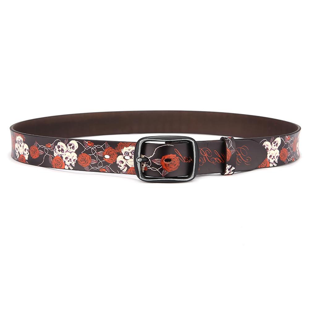 Printed Graffiti Leather Belt, Rose Skull Design, Personalized Male and Female Cowhide Leather Belt