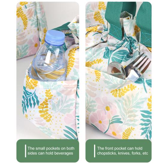 Insulated Lunch Bag Large Capacity Portable Office Beach Picnic Storage Bag Leak-proof Leaf Print Thermal Cooler Pouch Drawstring Handbag