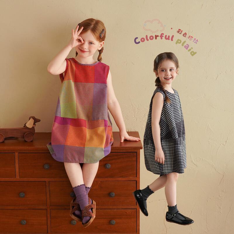 Girls  Retro Plaid Sleeveless Vest Dress 110
