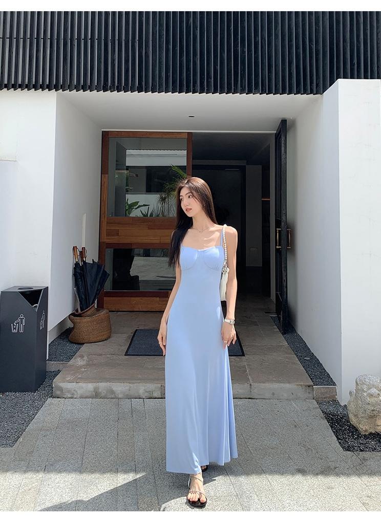 Super fairy design sense film travel vacation with chest pad suspender skirt women's vacation style sexy slim backless dress