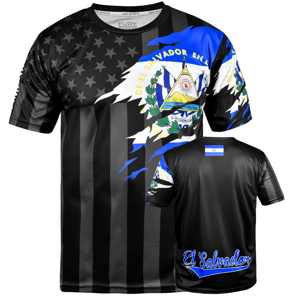 El Salvador Soccer Jersey Black, Salvadoran Emblem & American Flag Print Sports Shirt for Football Fans S