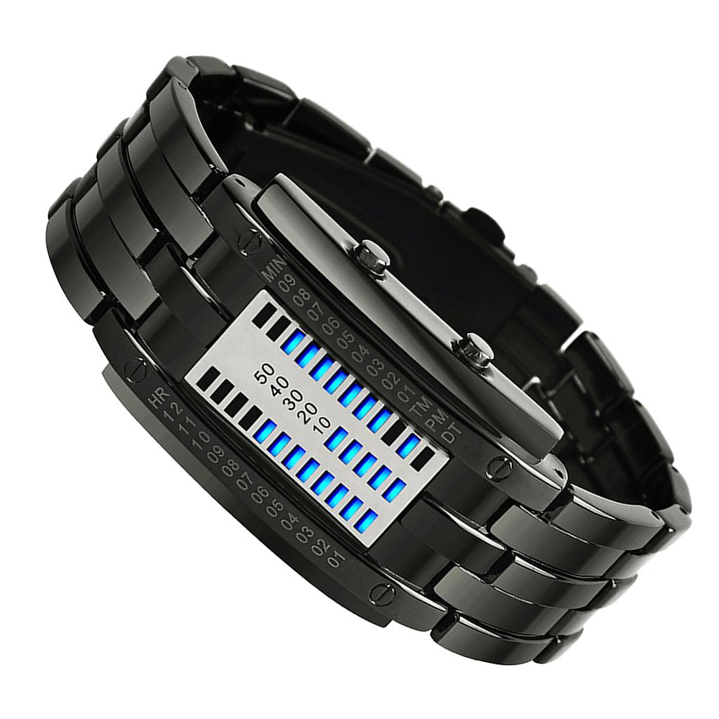 Mens Binary Watch Casual Sports Blue Backlight Fashion Quartz Movement LED Digital Wristwatch for Outdoor Parties Black