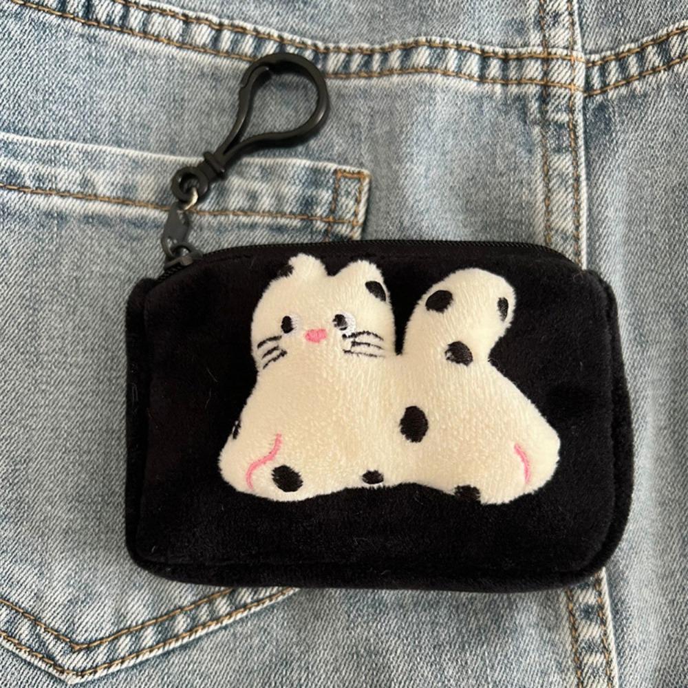 New Cute Anime Coin Purse Plush Round Earphone Storage Bag Portable with Black Pearls Mini Wallet Girly Gift