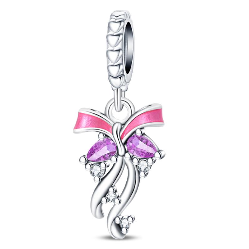 Copper Bow Charms Copper Pink Heart-Shaped Bow Pendants Charms Beads Fit Original Bangle Bracelets Diy Jewelry