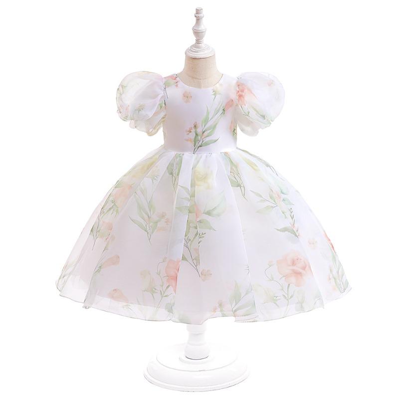 New summer girls' puff sleeve princess floral print mesh tulle tutu formal dress