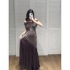 Retro One-Shoulder Knitted Dress for Women, Summer Dress, Hot Girl Style, Irregular Mesh Splicing, Hip-Hugging Long Skirt