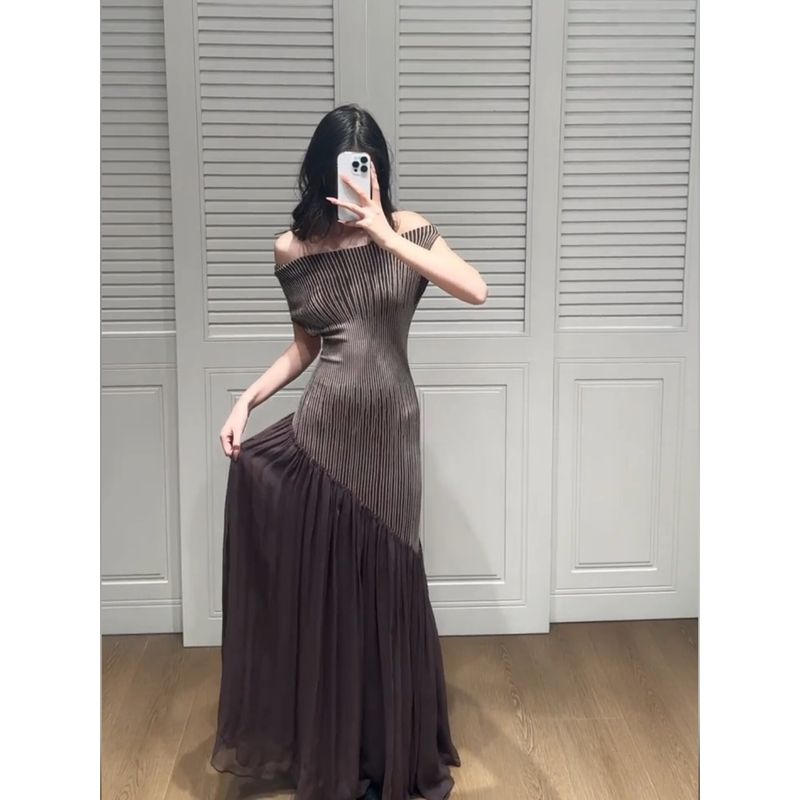 Retro One-Shoulder Knitted Dress for Women, Summer Dress, Hot Girl Style, Irregular Mesh Splicing, Hip-Hugging Long Skirt
