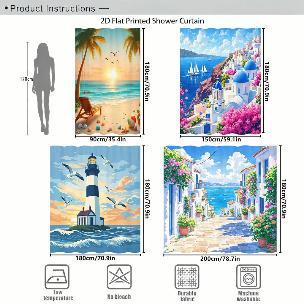 Scenic Coastal Themed Polyester Shower Curtain - 2D Printed Beach & Seaside Scene Bathroom Decorative Curtain