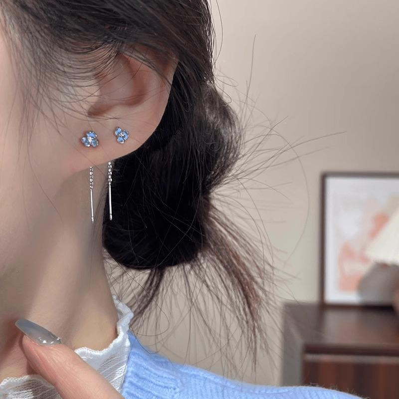 925 Silver Blue Iris Flower Zircon Tassel Stud Earrings for Women Fine Jewelry Luxury Vintage Accessories