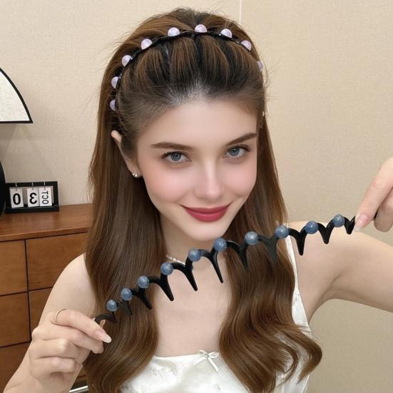 2Pcs Women Headband Faux Pearls Decor Anti-slip Teeth Hair Hoop