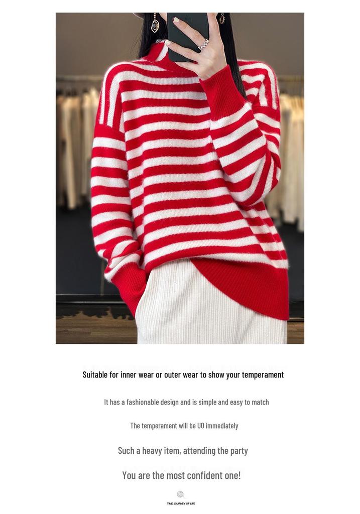 Korean Style Women's Striped Color-Block High Neck Knit Pullover Sweater