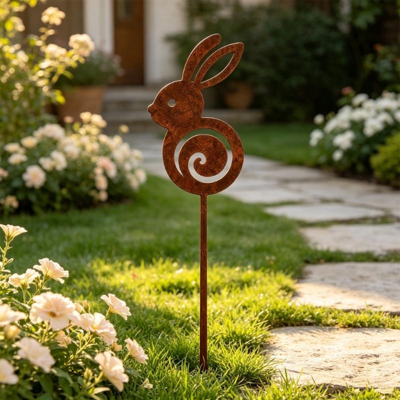 Rusty Animal Yard Stake Decoration for Lawns and Porch Edges, Metal Garden Stake with Weathered Finish and Easy Soil Placement