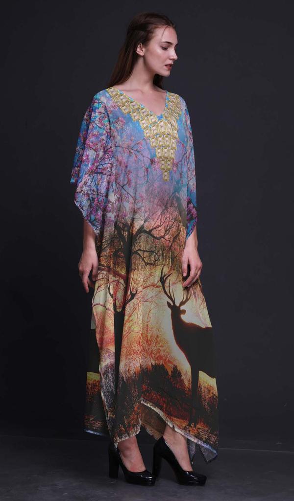 Phagun Deer Animal Ladies Plus Size Kaftan Summer Wear Beach Coverup Kimono