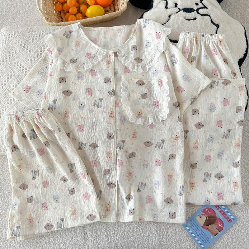 Doll Collar Cartoon Pajamas Women'S Summer Cloud Cotton Short Sleeves Cute Student Loungewear Three-Piece Set