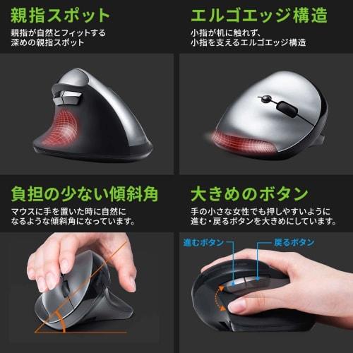Sanwa Direct Ergonomic Mouse Wireless Rechargeable Quiet 5 Button Blue LED Tendonitis Prevention Black 400-MA127BK