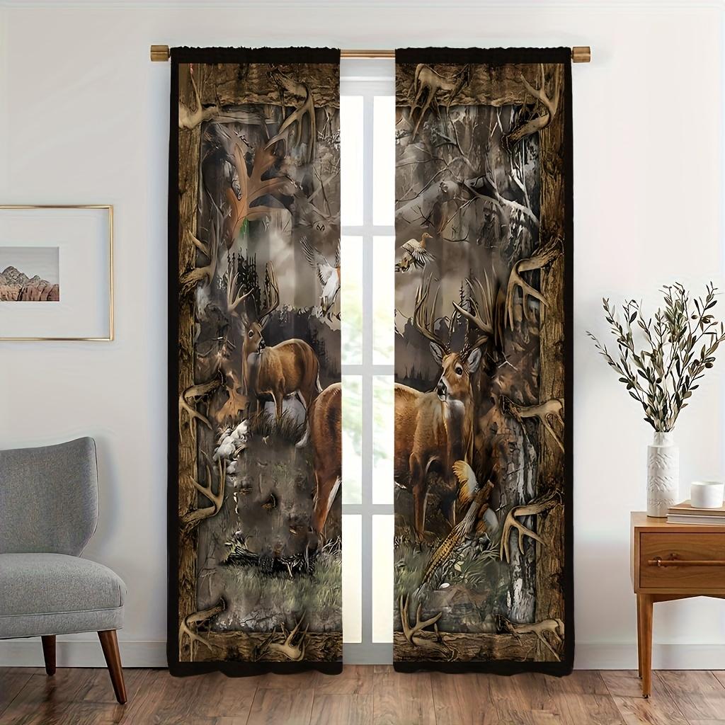 2Pcs Polyester Rustic Cabin Deer Printing Window Curtains Birthday Party Decoration Backdrop Drapes for Living Room