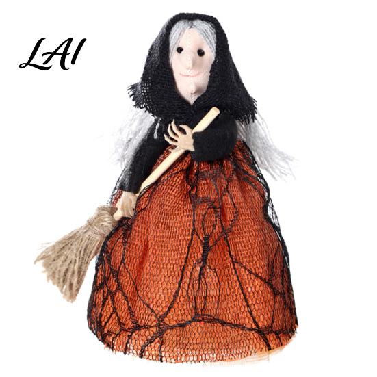 Dark Spooky Halloween Decor Kitchen Witch Doll Small Statue with Broom Multi-use Tabletop Party Decoration for Table Fireplace Holiday Home