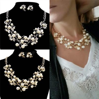 Perlen Baum Blätter Halskette Ohrring Elegante Damen Luxus Schmuck Set