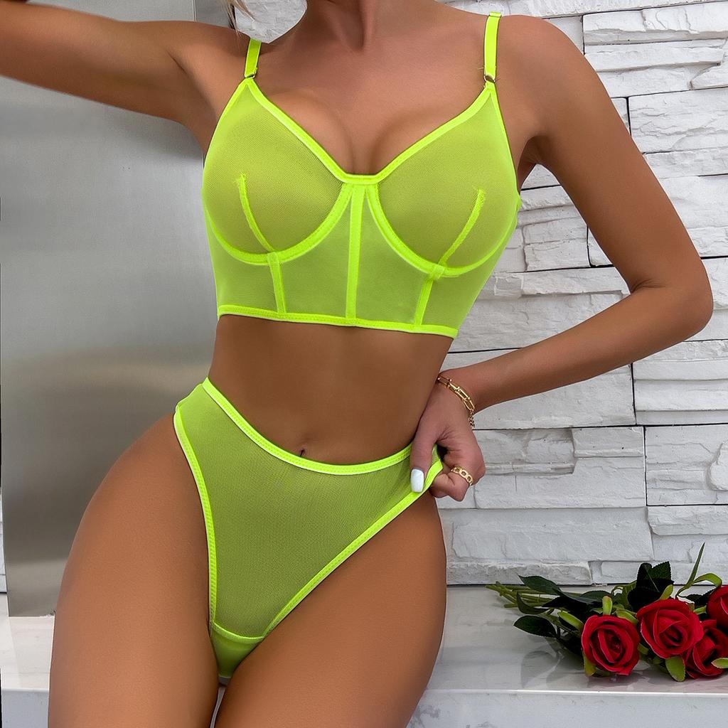 New Fashion Sexy Underwear Fish Bone Contrast Mesh Sexy Perspective Gathering Lingerie Set