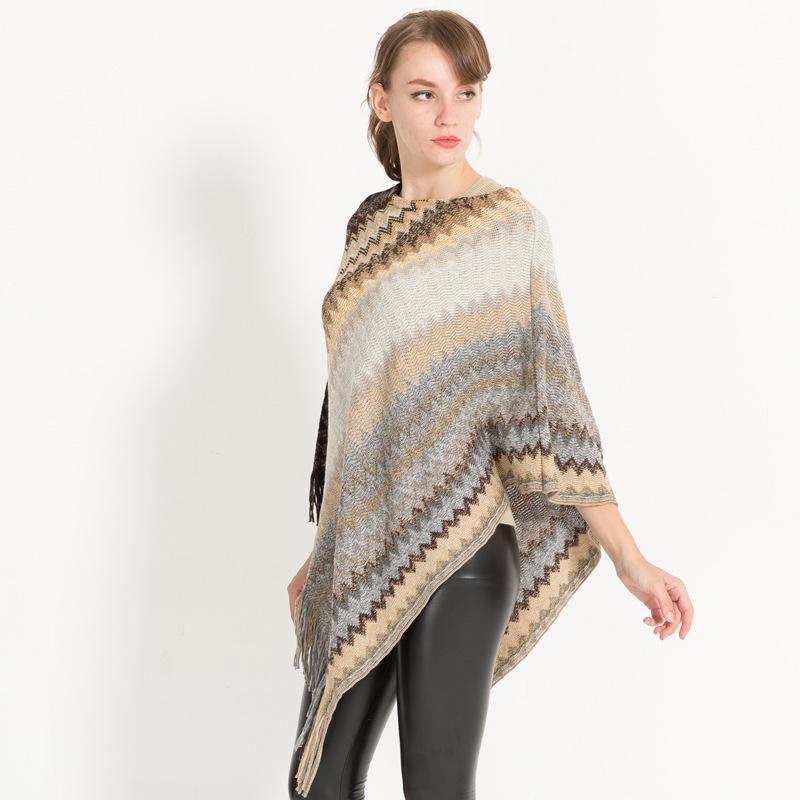 Women Geometric Chevron Poncho Shawl,Acrylic Imitation Cashmere Knit Tassel Cape Wrap,Oversized Pullover Shawl for Autumn Winter