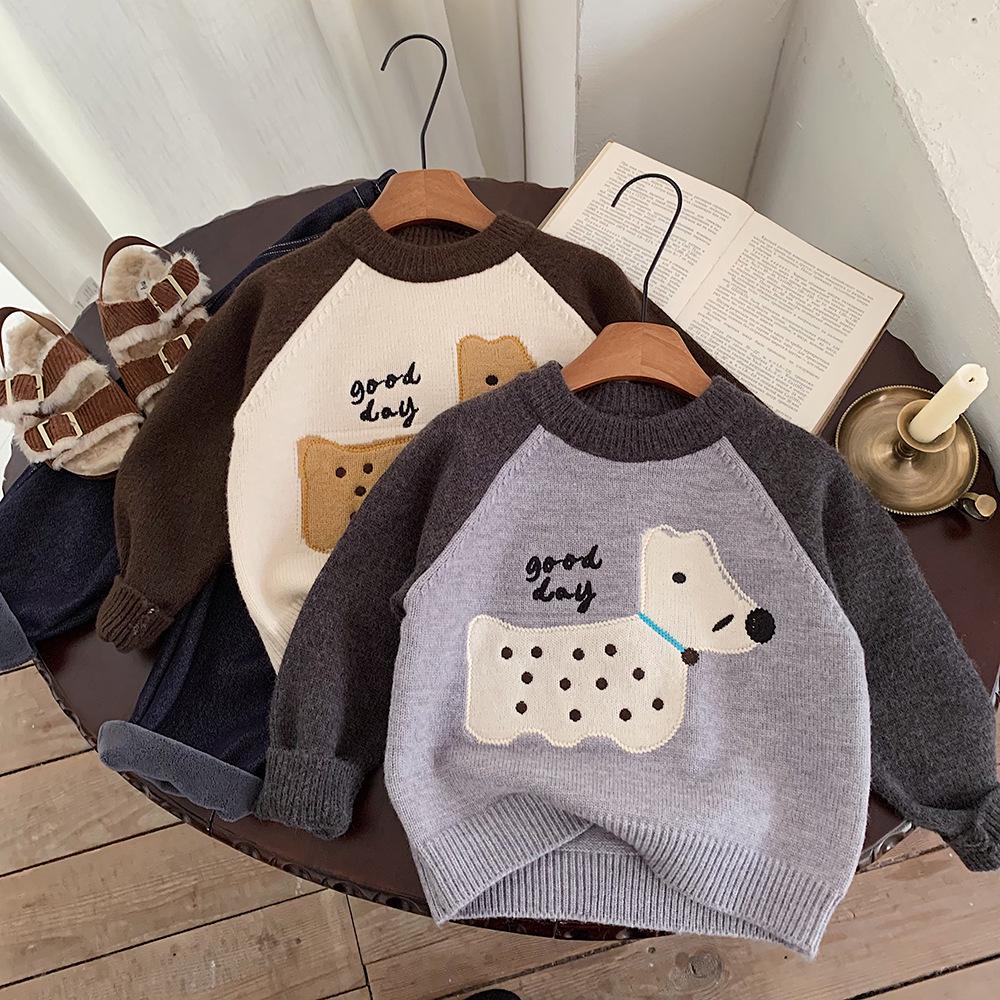 Kino Winter Korean Style Boys' Knitted Cartoon Sweater - Thick, Warm, and Trendy.