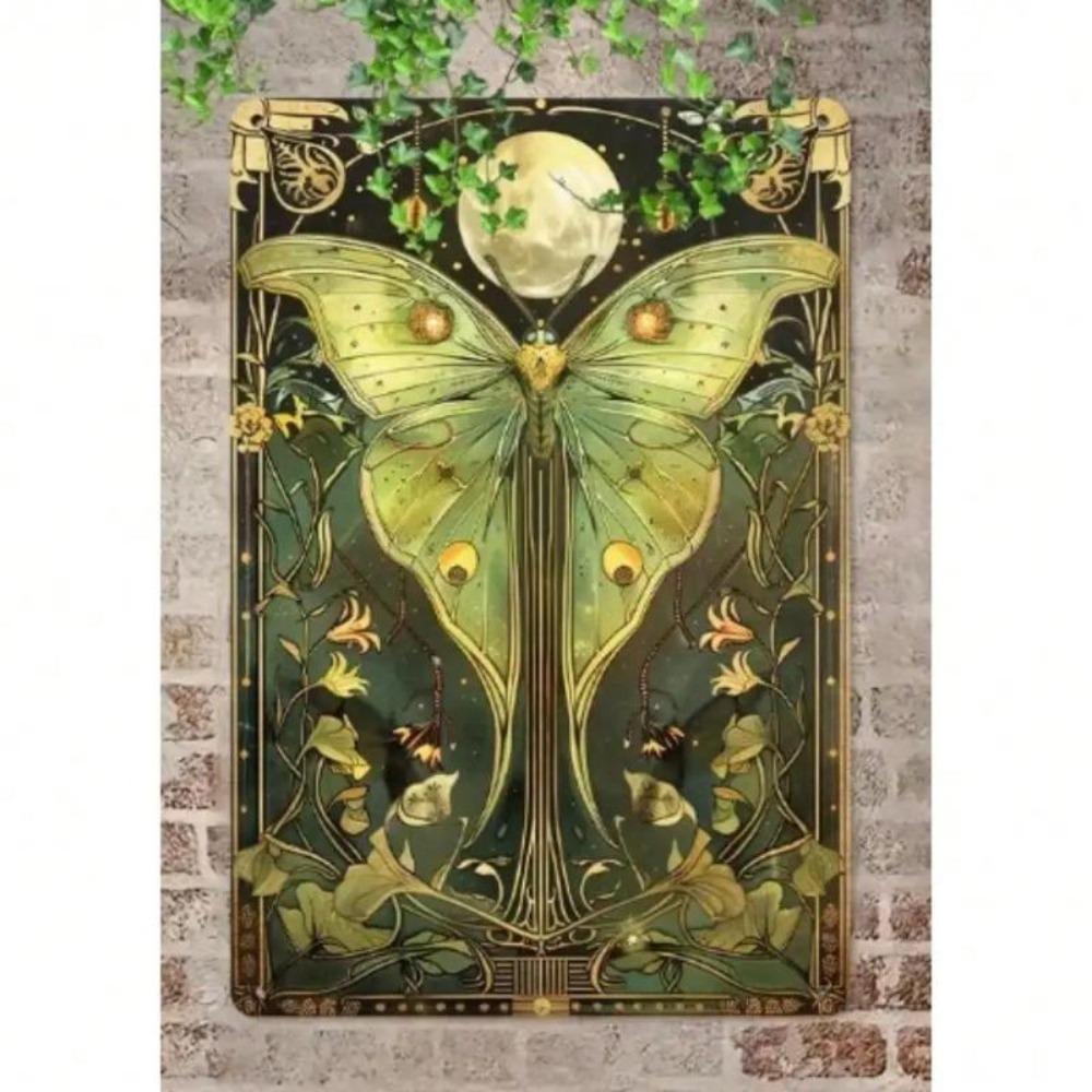 Mystical Green Metal Wall Art Vintage Floral Moth Decor Sign