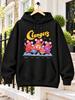 Clangers Cartoon Family Graphic Five Pink Mouse-Like Characters in Bright Knitted Outfits with Yellow Stars And Names Below Unisex Hoodie