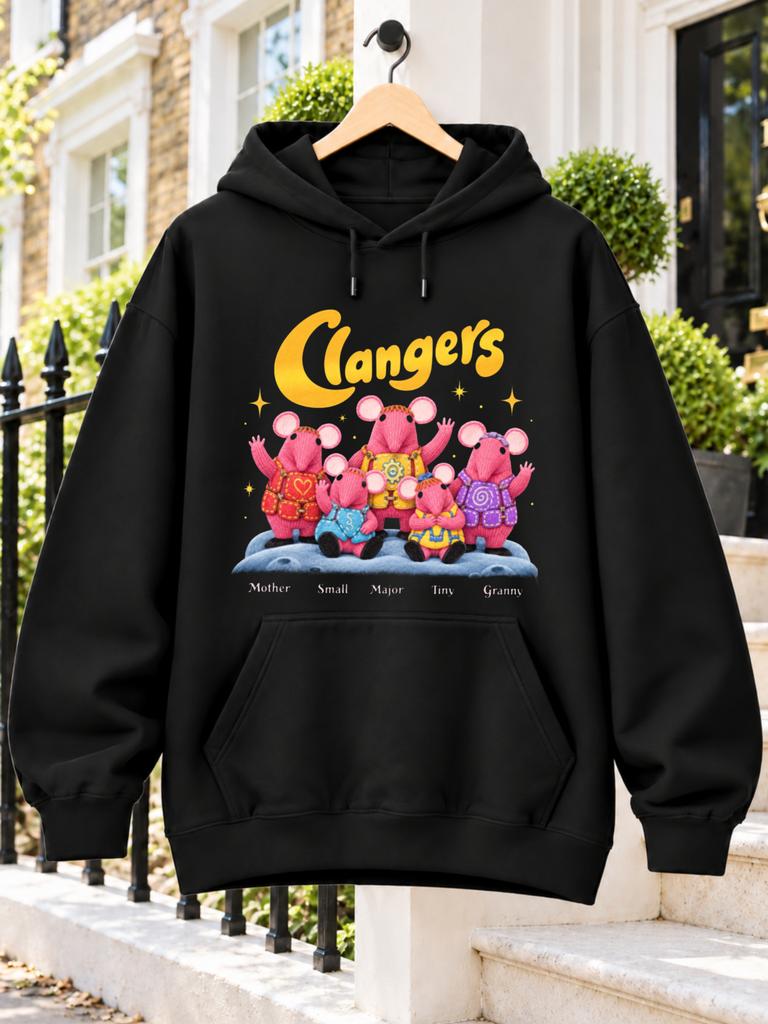 Clangers Cartoon Family Graphic Five Pink Mouse-Like Characters in Bright Knitted Outfits with Yellow Stars And Names Below Unisex Hoodie