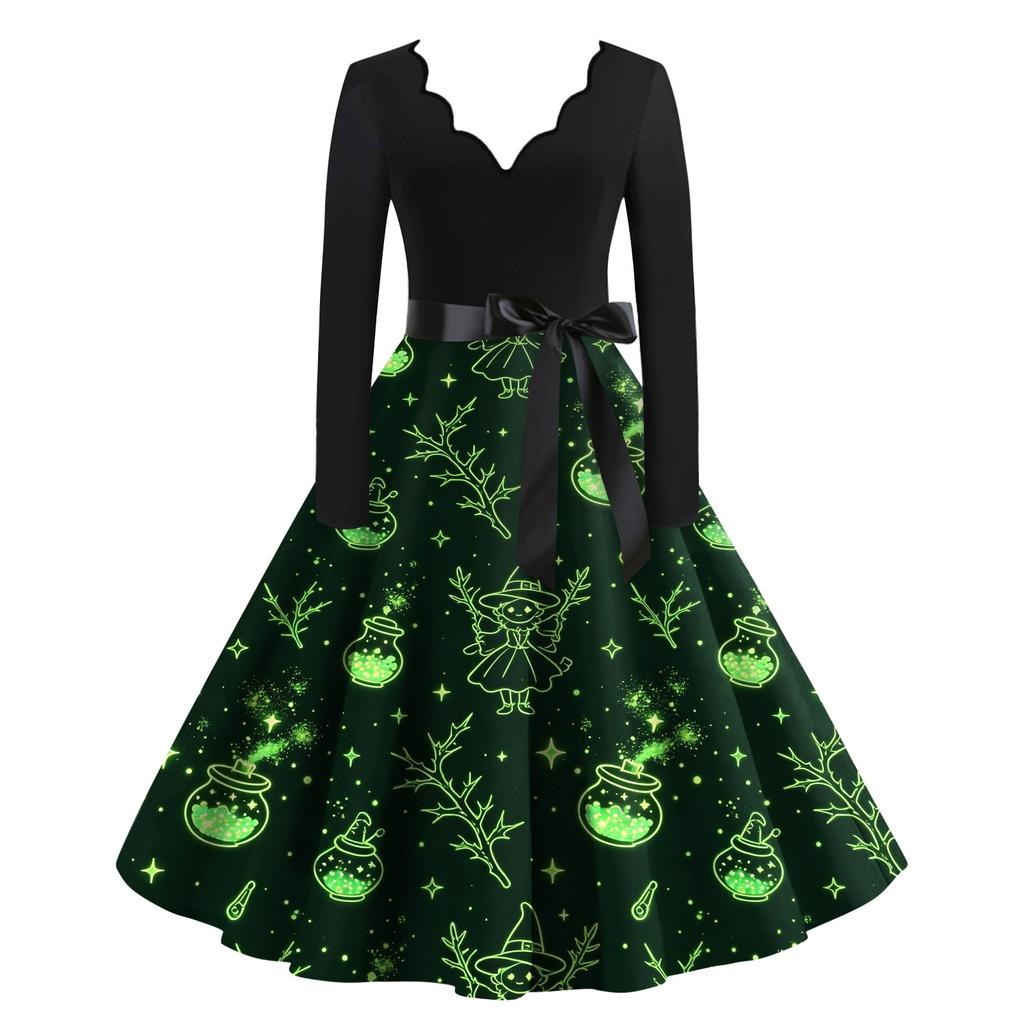 Women's Casual V-Neck Long Sleeve Halloween Print Dress