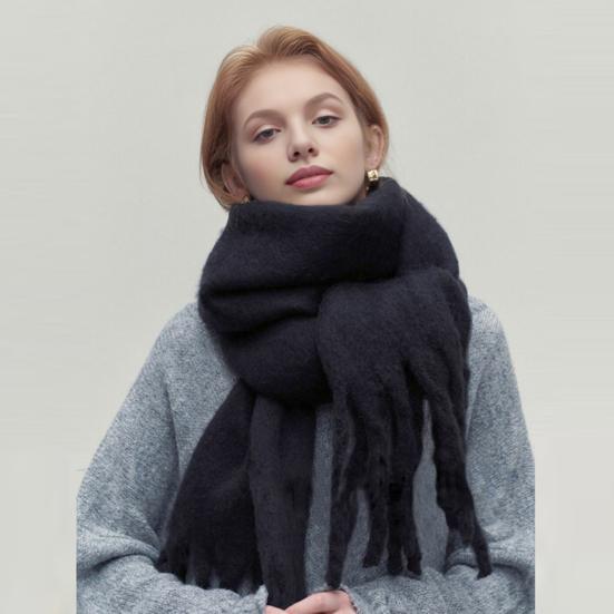 Women Scarf Solid Color Thickened Knitting Scarf with Tassel Decoration Versatile Design Warm Winter Scarf
