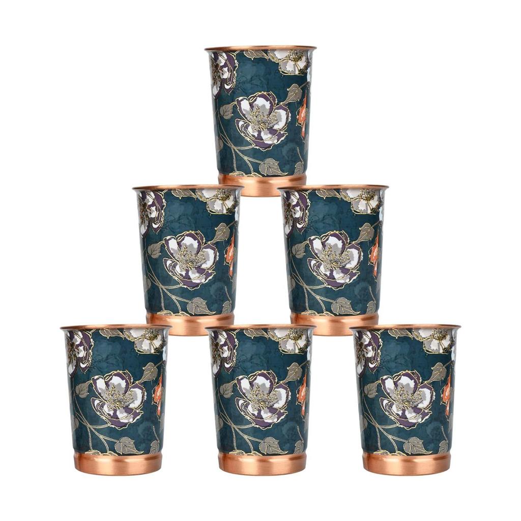 Copper Printed Design 250ML Water Glass with Rust Proof for Home and Office Use Ayurveda and Yoga Health Benefits Glass Set of 6 (Green Gold)